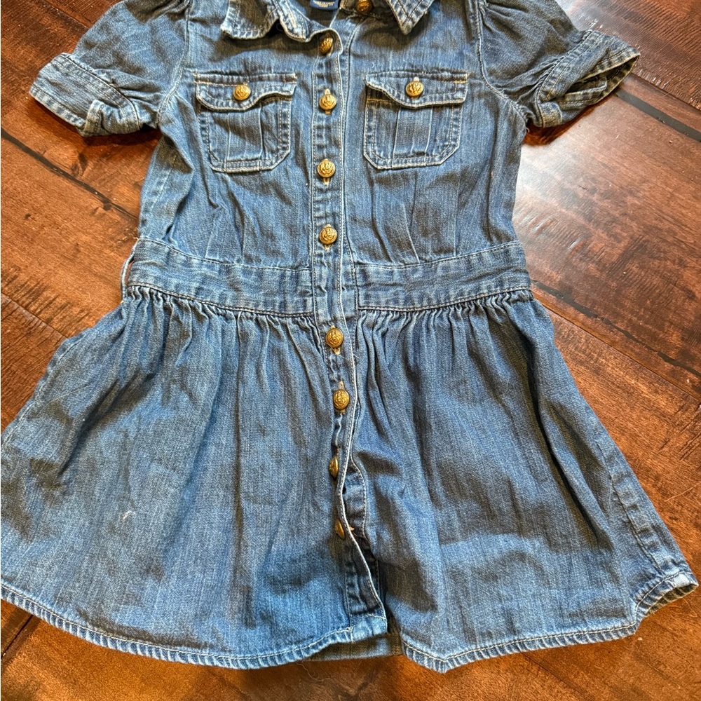 Polo by Ralph Lauren Blue Denim jumper dress‎ toddler Romper Gold Accents preppy